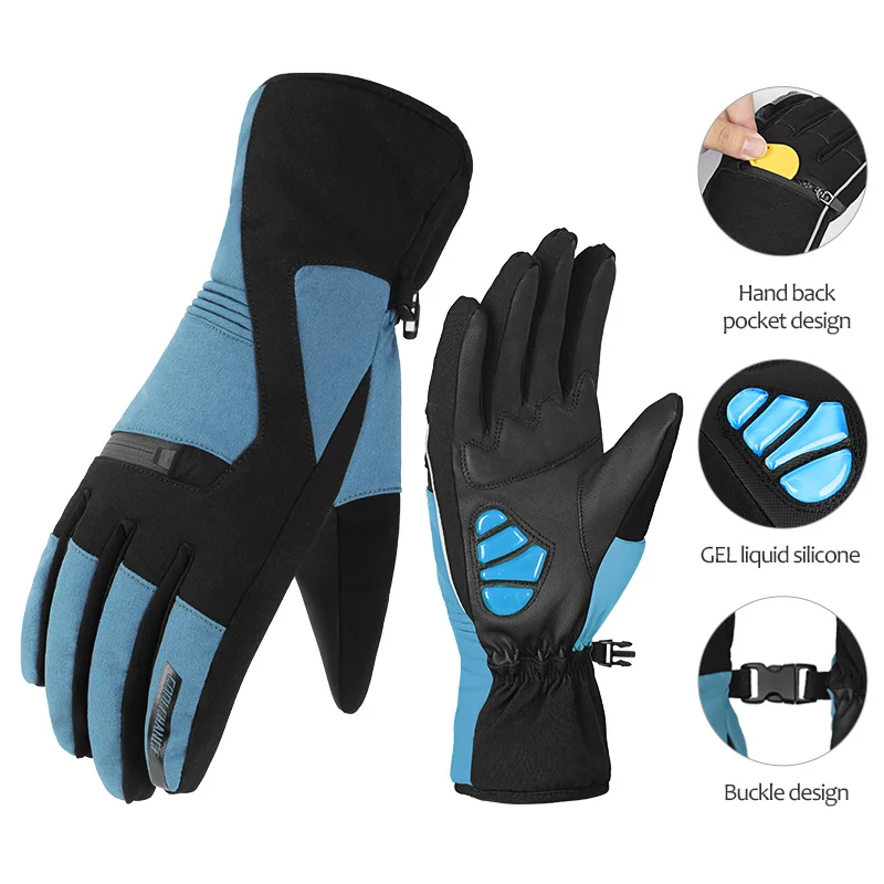 Водонепроницаемые мужские и женские перчатки для велоспорта с гелевыми подушечками, удлиненные Утепленные зимние теплые флисовые перчатки для горного велосипеда - Цвет: Blue