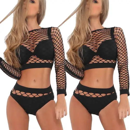 Special Price 2018 New Mesh Fishnet Beach Cover-Ups Sexy Women Bikinis Set Cover-Ups Crop Top Sleeve See Through High Waist Bathing Suits