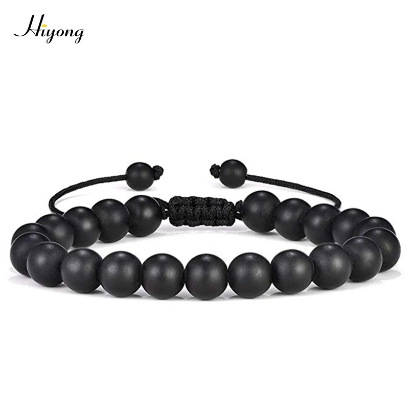 

8mm Black Matte Bracelet Handmade Reiki Healing Energy Bangle Adjustable Braided Rope Natural Stone Yoga Beads Bracelet for Men