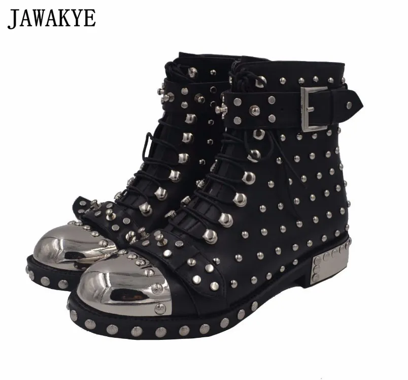 

2018 Punk style Boots women rivets studded leather Ankle Boots Round toe side lace up Strap buckled martin short boots