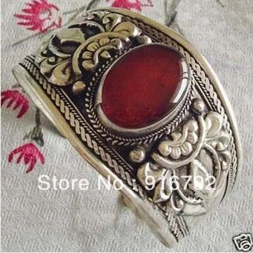 

free P&P >>>>>Ethnic Carve Flower Tribal Brown stone Unisex Tibet Silver Bangle Open Bracelet