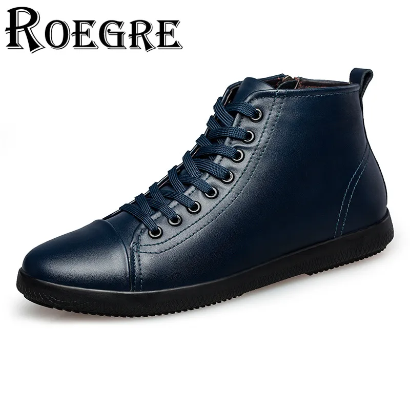 

ROEGRE Spring Men Shoes Black Genuine Leather High Top Men Casual Shoes with Zip Fashion Design Men Footwear with Fur Size 37-47