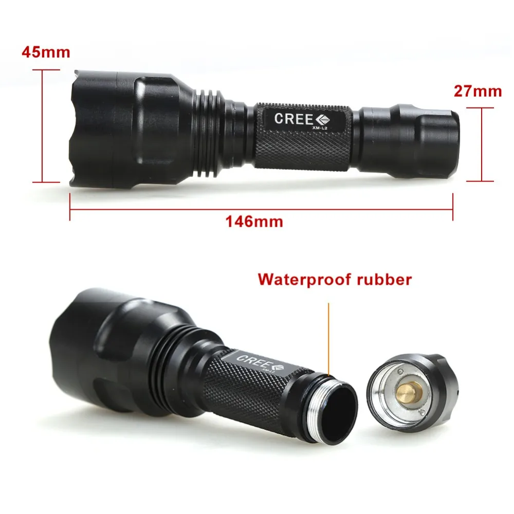 C8 охотничий светильник тактический флэш-светильник CREE XM-L2 светодиодный 1/5 Режим Фонарь светодиодный водонепроницаемый флэш-светильник 18650 батарея+ зарядное устройство+ крепление для пистолета