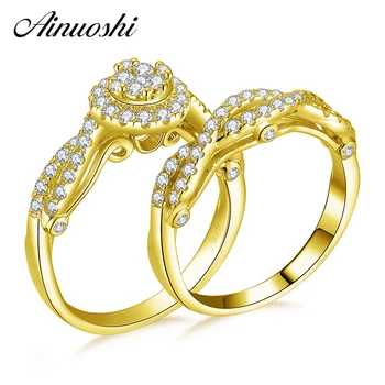 

AINUOSHI 14K Solid Yellow Gold Bridal Rings Set SONA Diamond Engagement Wedding Round Cluster Rings Set for Woman Gold Jewelry