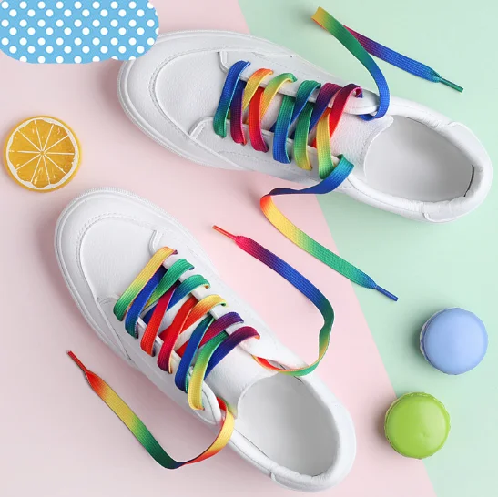 Низкая цена, 1 штука, радужные разноцветные шнурки, плоская спортивная обувь со шнурками, ремешок для кроссовок, унисекс, радужные шнурки, 110 см