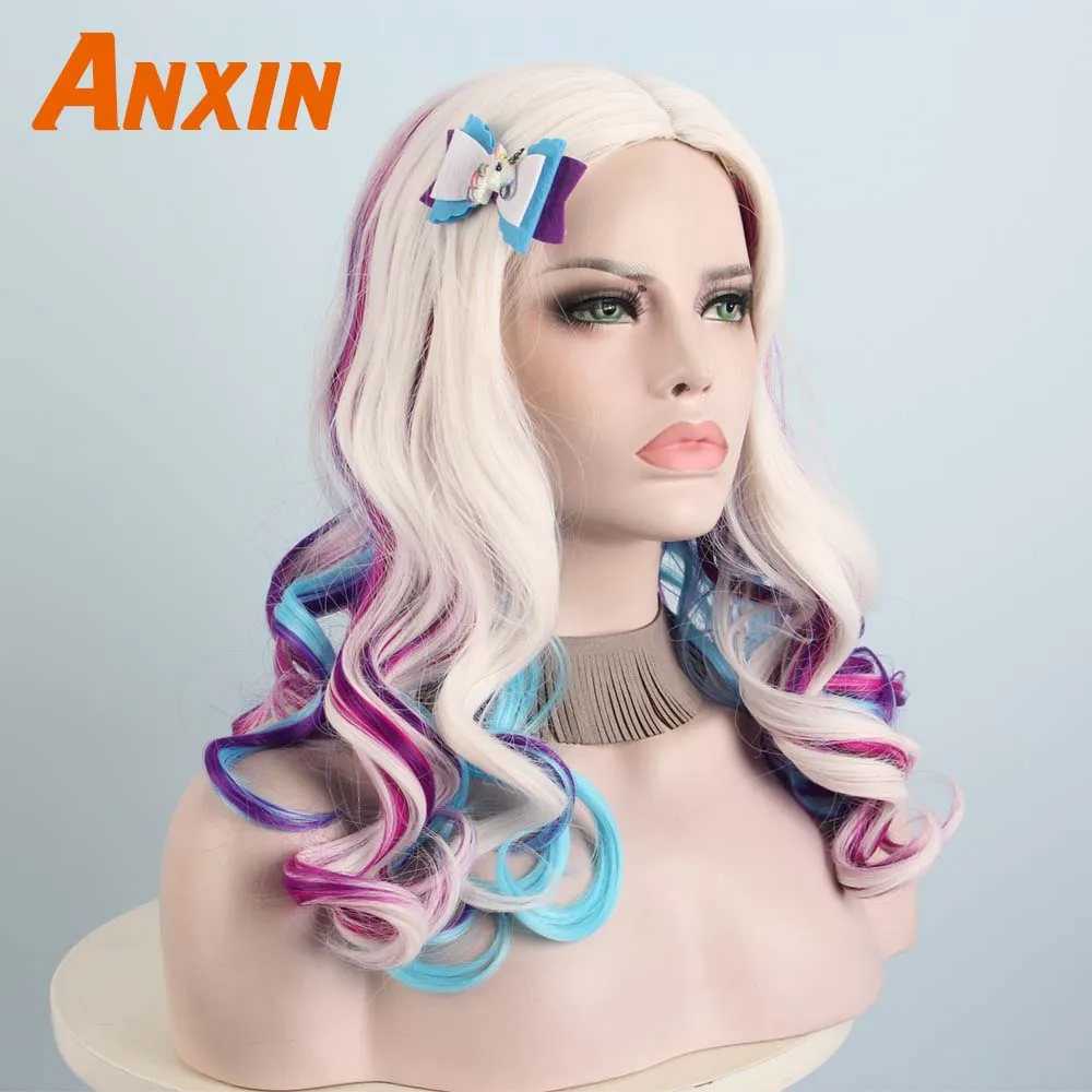 Anxin милые длинные волнистые красочные с цветком Bwoknot аксессуары вечерние аниме термостойкие синтетические парики для женщин девочек - Цвет: WigC