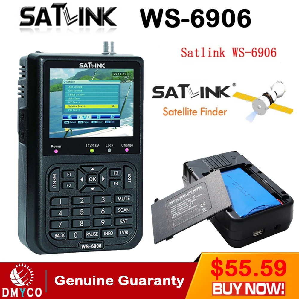 

Satlink WS-6906 Digital Satellite Meter Sat finder DVB-S FTA C&KU Band MPEG-2 Satellite Signal Finder EPG AV 3.5inch LCD Display
