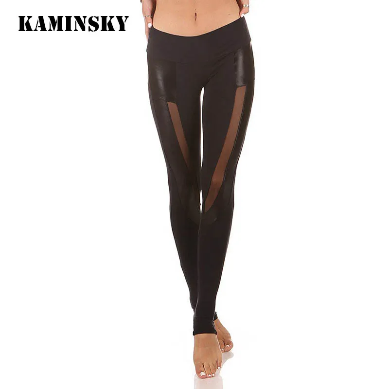 

Kaminsky 2019 Sexy Mesh Leggings Women Patchwork Pu Leather Pants Slim Sexy Punk Jeggings High Waist Fitness Leggings For Women