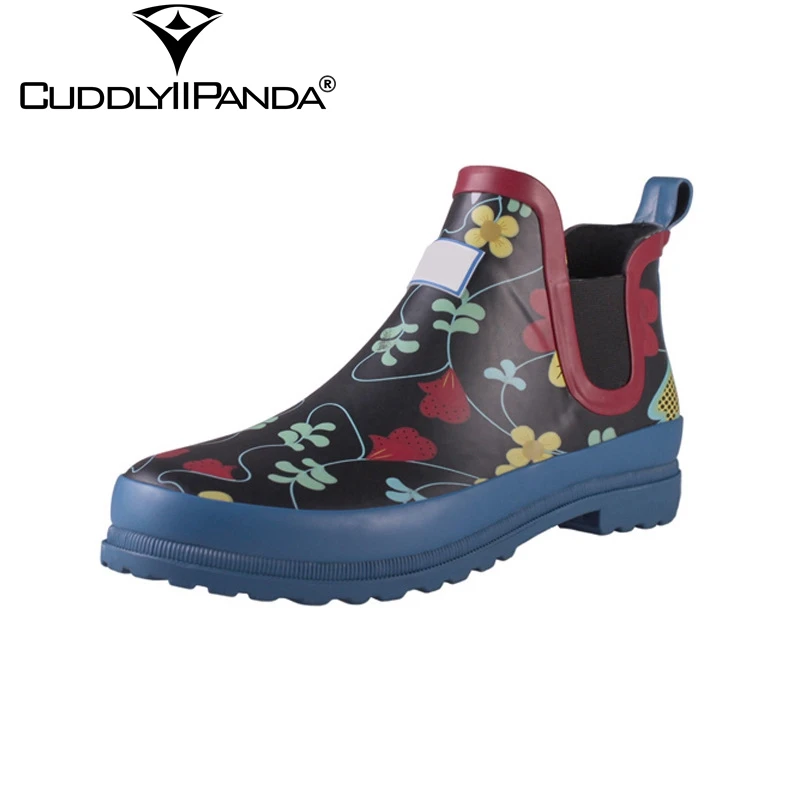 

CuddlyIIPanda 2018 New Rubber Rain Boots Waterproof Women Chelsea Boots Flowers Print Ankle Boots Fashion Rainboots Botas Mujer