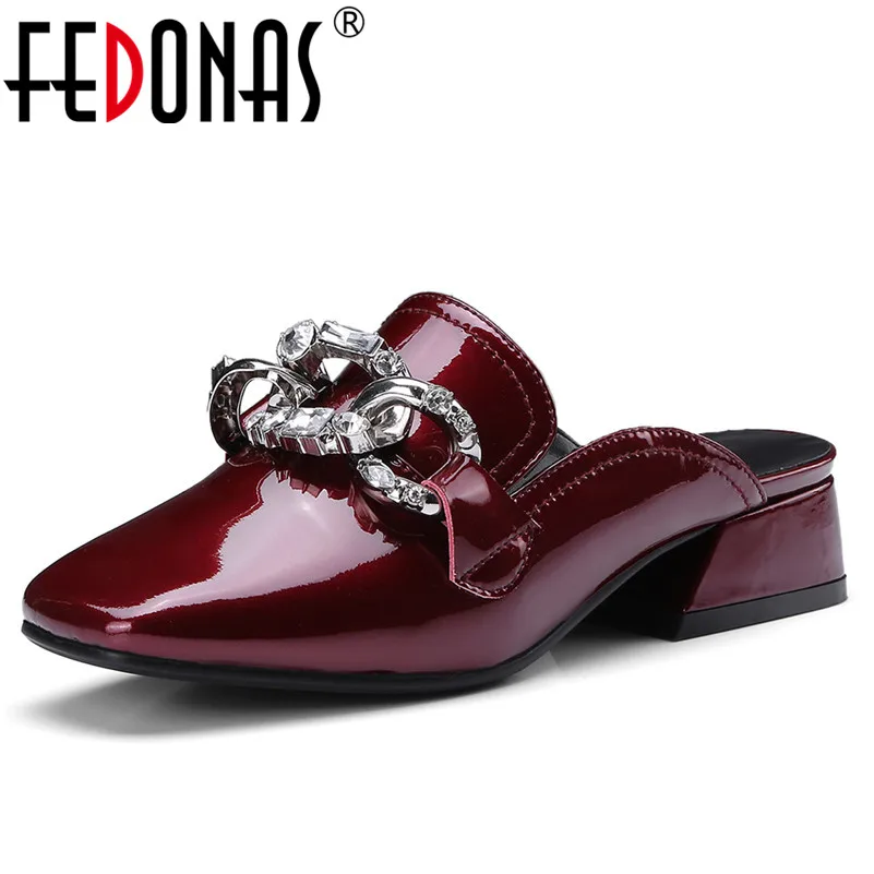 FEDONAS 1New Women Mules Pumps Genuine Leather Summer High Heels Shoes Woman Square Toe Rhinestone Party Wedding Brand Slippers bonjomarisa 2018 summer brand sexy women mules print patent leather pumps crystal high heels party wedding shoes woman
