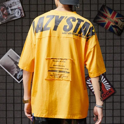 Цвет: желтый Chaobai OVERSIZE High Street с коротким рукавом для молодых мужчин и женщин Личность лента Национальный Чао хип-хоп свободная футболка - Цвет: Цвет: желтый