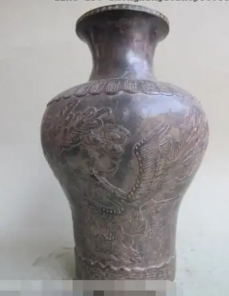 

12"Chinese old Pure Bronze handwork carve Two Phoenix Royal bottle pot Vase