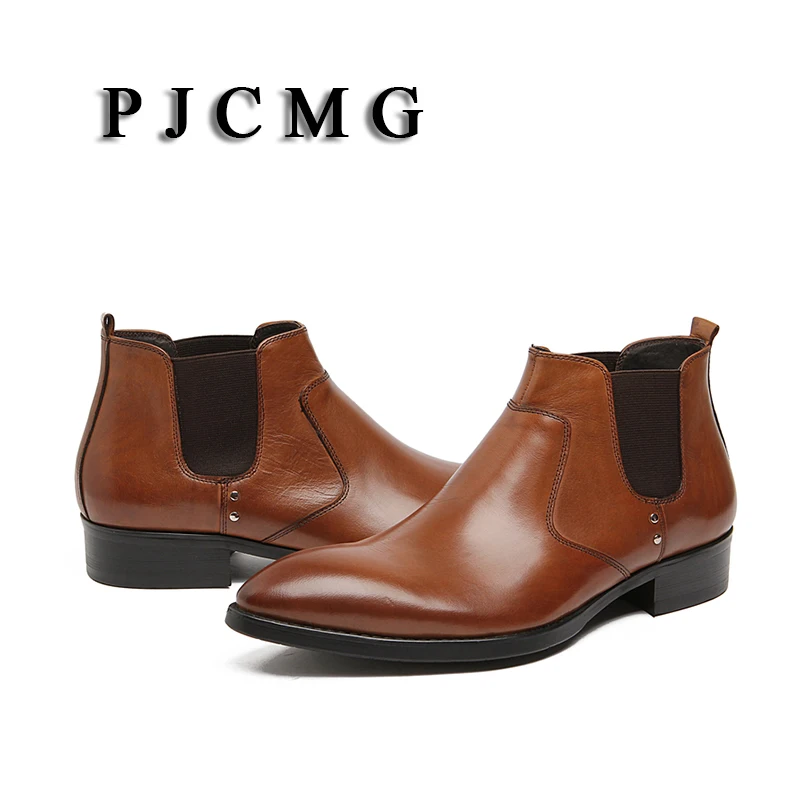 PJCMG New British Style Autumn Winter Genuine Leather Elastic Band Man's England Vantage Motorcycle High-top Boot