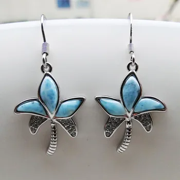

Real Natural Larimar Jewelry Coconut Palm Tree Fine Jewelry Dangle Earrings 100% 925 Sterling Silver Jewelry for Girl's Earring