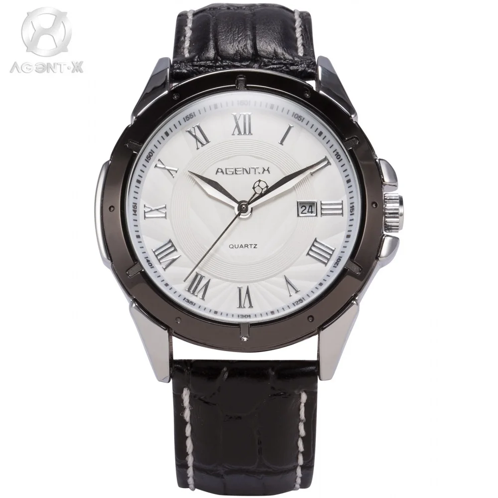 

AGENTX White Dial Roman Numerals Day Stainless Steel Case Relogio De Couro Male Casual Clock Men Business Quartz Watch / AGX043