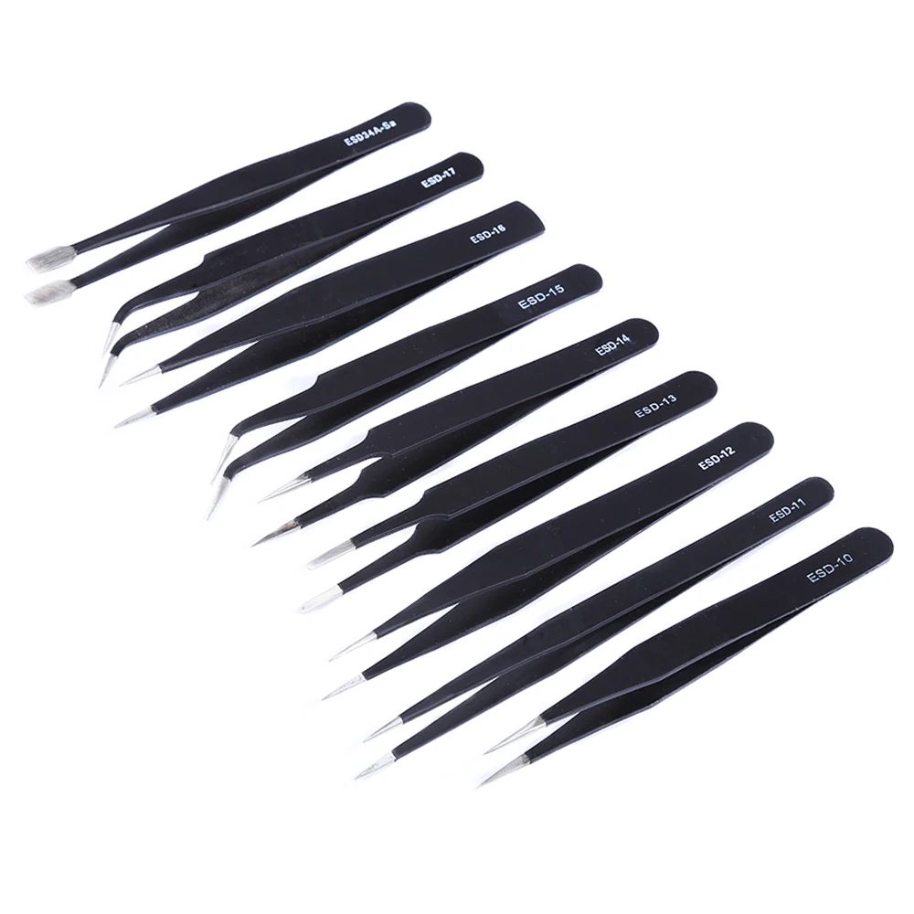 9pcs/lot Stainless Steel ESD Tweezers Precision Pinzas Pinzette