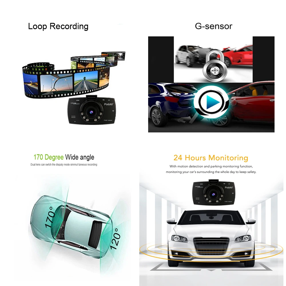  Podofo Car DVR Camera G30 Dvrs Registrars Dashcam Full Hd 1080P Video Recorder for Cars Night Visio