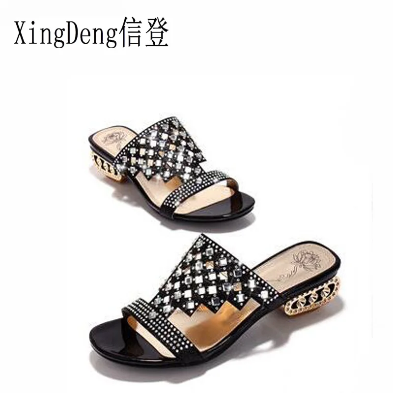 

XingDeng Lady Summer Girl Square Heel Hollow Slippers Plus Size 32-43 Women Fashion Gladiator Rhinestone Slipper