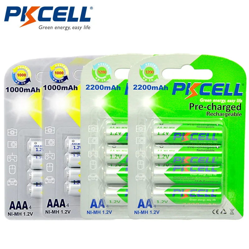 PKCELL 2 шт 1,2 V Ni-MH 2200mAh AA Аккумуляторы+ 2 шт NiMH 1,2 V 1000mAh AAA батареи