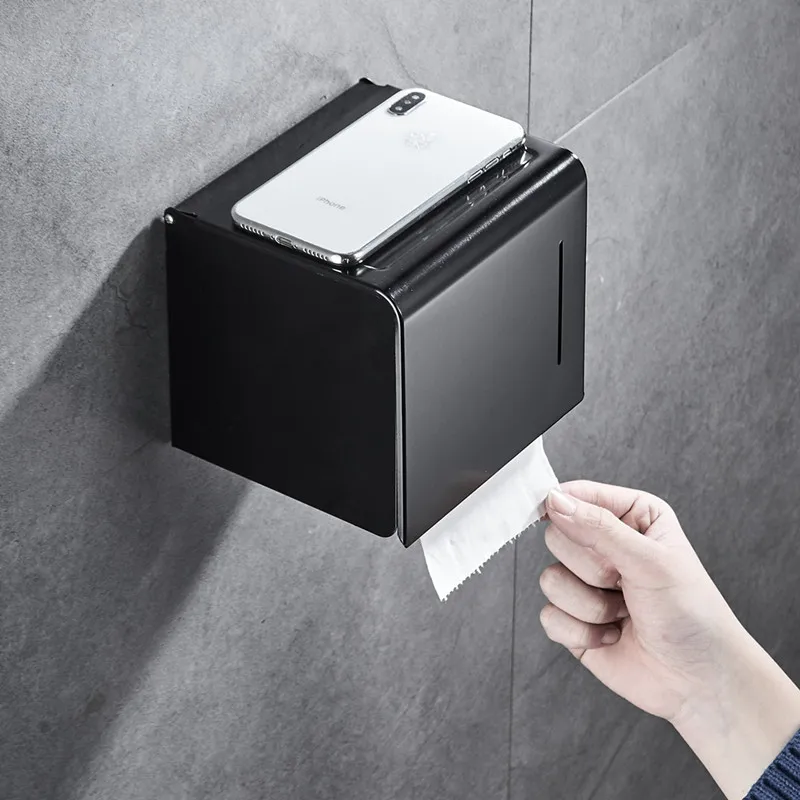 

Toilet Paper Holder Matte Black Aluminum Bathroom Roll Paper Wall Mounted Mobile Phone Rack Paper Towel Holder Toilet Tissue Box