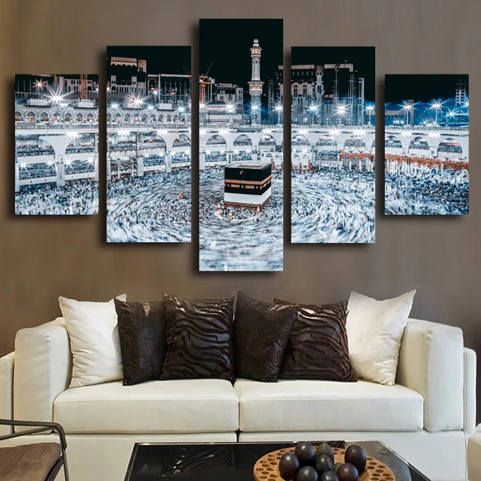 

Wall Art Pictures Home HD Printed Painting 5 Piece/Pcs Mosque Mecca Night Landscape Modern Decoration Poster Frame Living Room