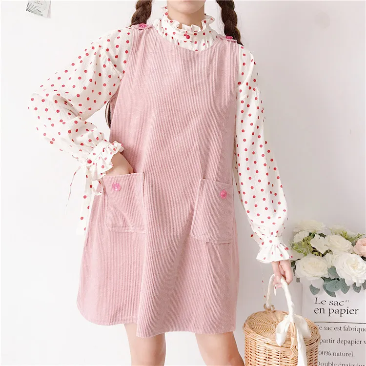 

Japanese Preppy Style Spring Autumn Women Cute Sundress Pink Pockets Sleeveless Tank Dress Elegant Kawaii Mori Girl Sweet Dress