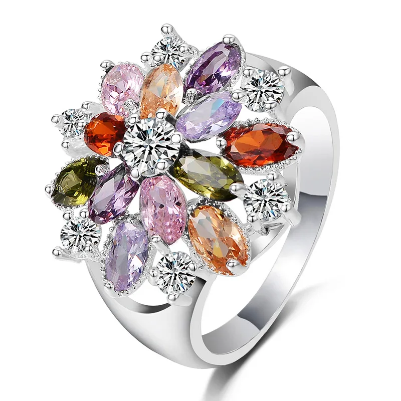 

Best Gift 925 Sterling Silver CZ 3.2ct 10 Multicolor Crystal Rose Flowers Shaped Finger Rings Dazzling Daisy Meadow Wedding Fine