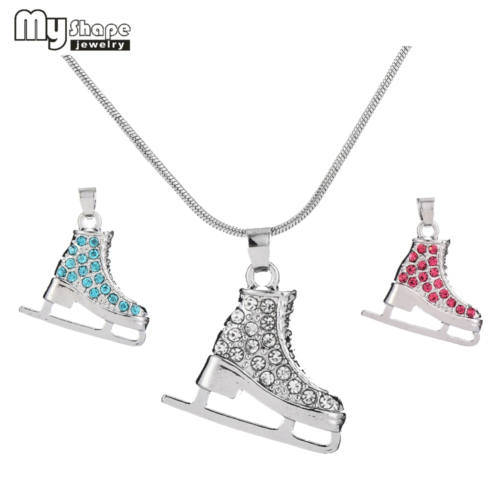 

my shape Jewelry Cute Silver Plated 3D Ice Skate Skater Pink Crystal Rhinestone Pendant Necklace for Girls Teens Women
