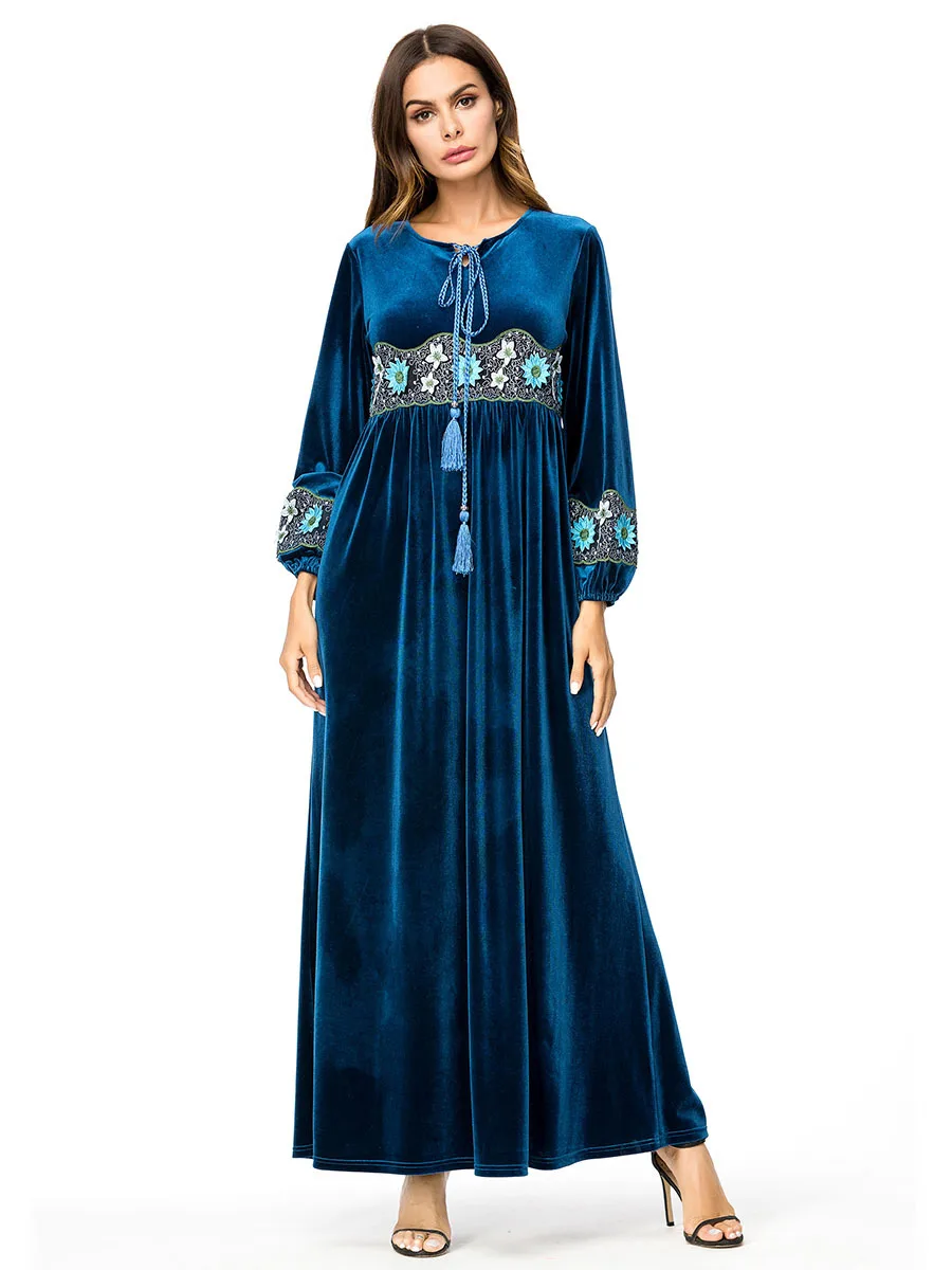 Muslim Solid Color Embroidery Long Robe Middle East Abra Maxi Dress Gowns...