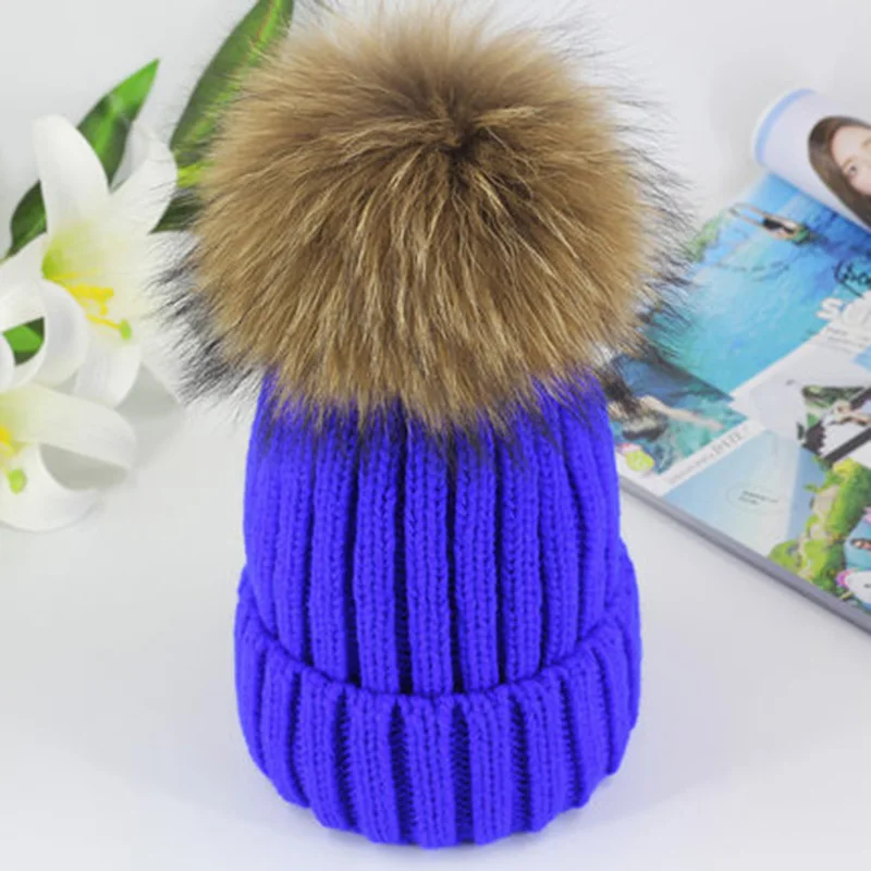 Real Fur Hat Knitted Real fox hair bulb Pom Pom Hat Women Winter Hat Unisex Kids Warm with wool Chunky Thick Stretchy Knit hat - Цвет: mink Blue