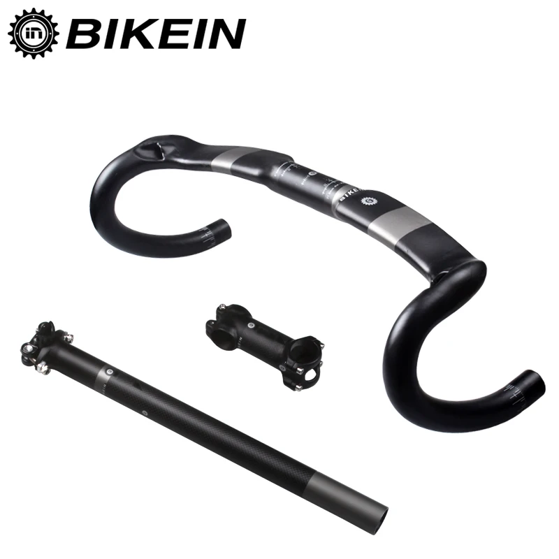 BIKEIN ألياف الكربون الطريق المقود مجموعات الدراجات عازمة بار + Seatpost + الجذعية سباق دراجة أجزاء مجموعة ماتي الأسود 600 جرام