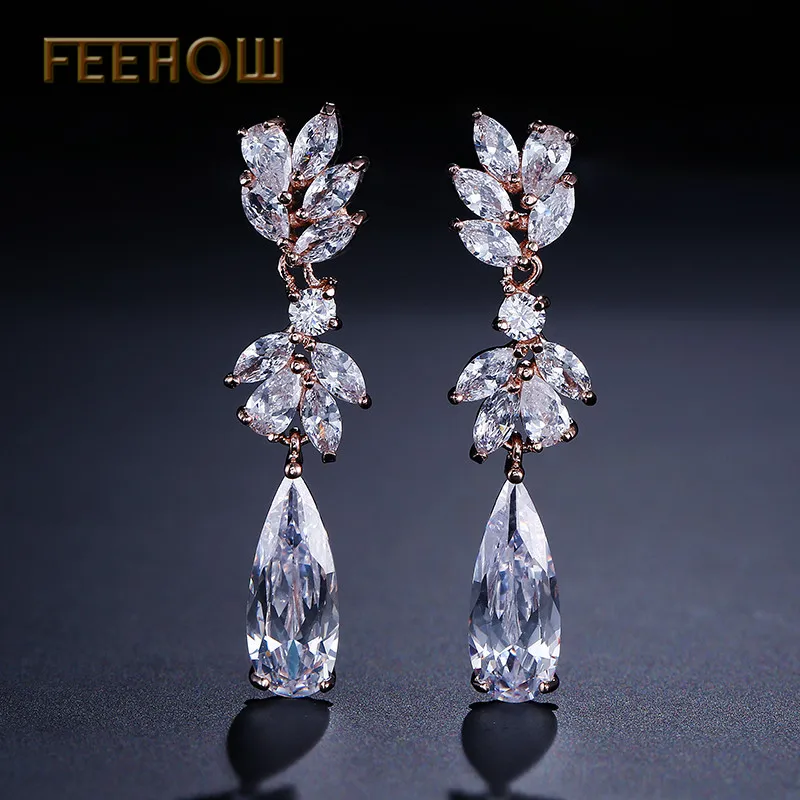 

FEEHOW New Arrival Luxury Brand Rose Gold Color Drop Earrings AAA Zircon High Quality Dangle Earring For Women Gift FWEP050