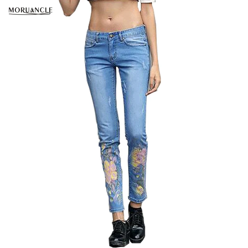 MORUANCLE Fashion Womens Floral Jeans Pants 2017 New Skinny Flower Printed Denim Joggers Spring Summer Painted