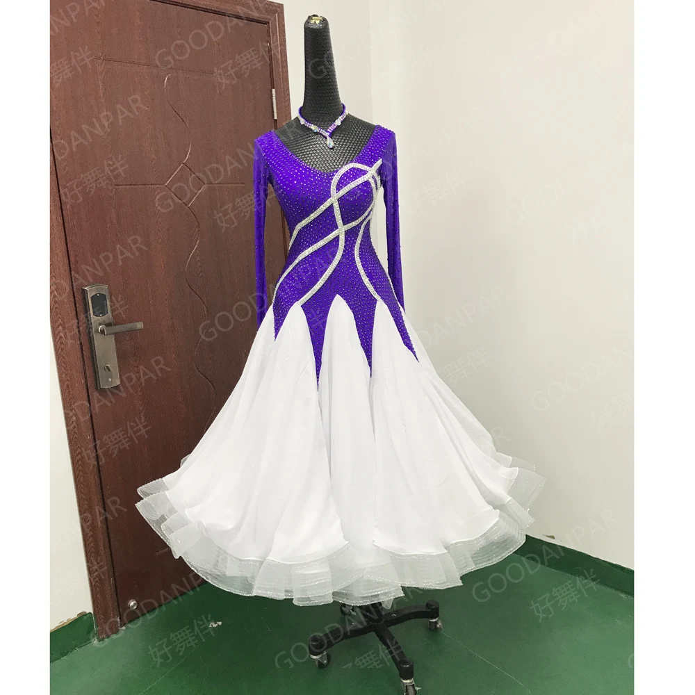 

New Competition ballroom Standard dance dress purple and white dance clothing ballroom dress,Women,girl, V-neck,Sleeve