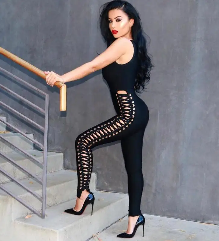 

3 Colors Summer Style Sexy Hollow Out Black Bandage Jumpsuit 2018 Celebrity Designer Fashion Jumpsuit