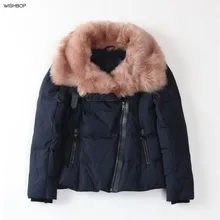 Зимняя женская темно-синяя короткая парка с анораком, большой высокий воротник, розовый искусственный мех, молния, карманы, искусственная кожа, окантовка, длинный рукав, на молнии