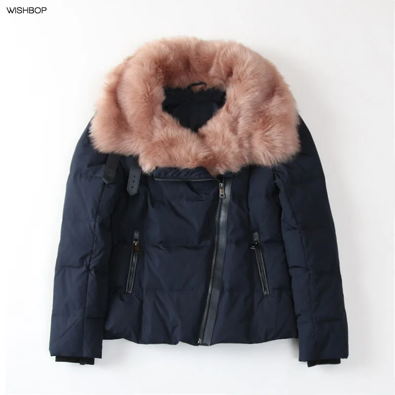 

2017 Winter Woman Navy SHORT ANORAK Parka BIG High collar PINK Faux FUR Zipper Pockets Faux Leather Piping Long sleeved zipped