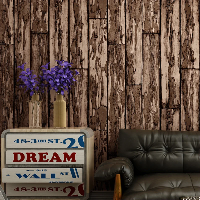 

Vintage Imitation Wood Board Striped Wallpaper PVC Surface Waterproof Embossed Wall Paper Restaurant Living Room Papel De Parede