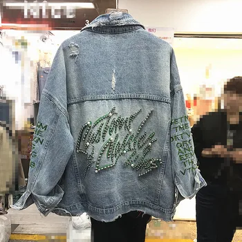 

2020 Spring Autumn New Jean Jacket Female Heavy Industry Beads Embroidery Denim Coats Outwear Women Loose Hole Cowboy Coat Mujer