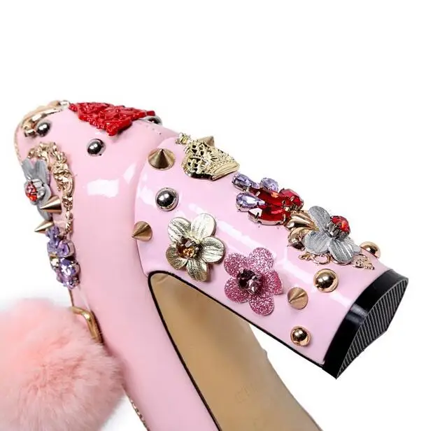 Vintage Pink Pom Pom Decor High Heel Pumps Mary Jeans Spike Crystal Flower Embellished Wedding Party Dress Shoes Round Toe Women's Shoes