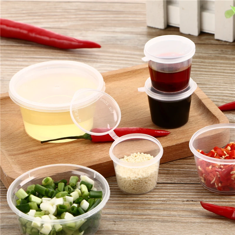 

100pcs Disposable Clear 25ml 35ml 40ml 50ml 100ml Food Sauce Holder Portion Cups Containers with Lids for BBQ Picnic Restaurant