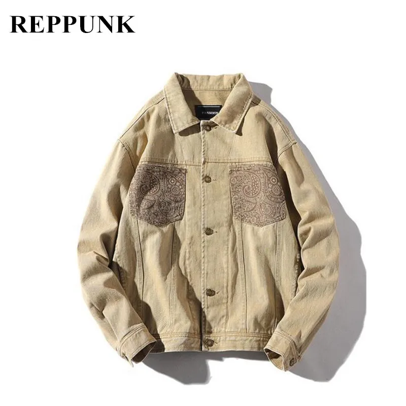 REPPUNK Denim Jacket Men 2019 New Streetwear Hiphop Simple Jacket Casual Print Long Sleeve Coat Hip Hop Male Quality Jackets