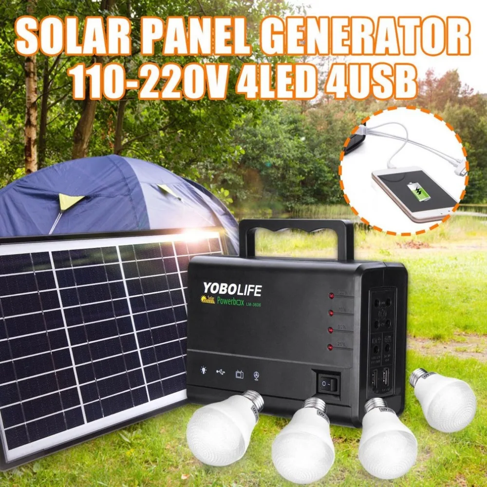 

Portable Handheld Solar Panel Power Storage Generator with LED Light Bulb USB Charger Generator Power Box Home System Kit