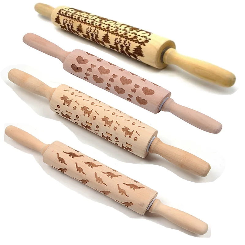 4 Styles Christmas Embossing Rolling Pin wooden Engraved Rolling Pin