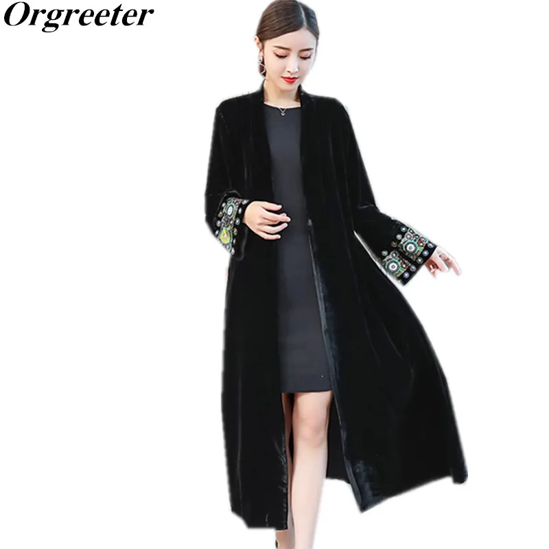 

Stylish Sleeve exquisite Embroidery Vintage Velvet Kimono Trench New women V neck Mid Long Windbreaker Coat Outerwear