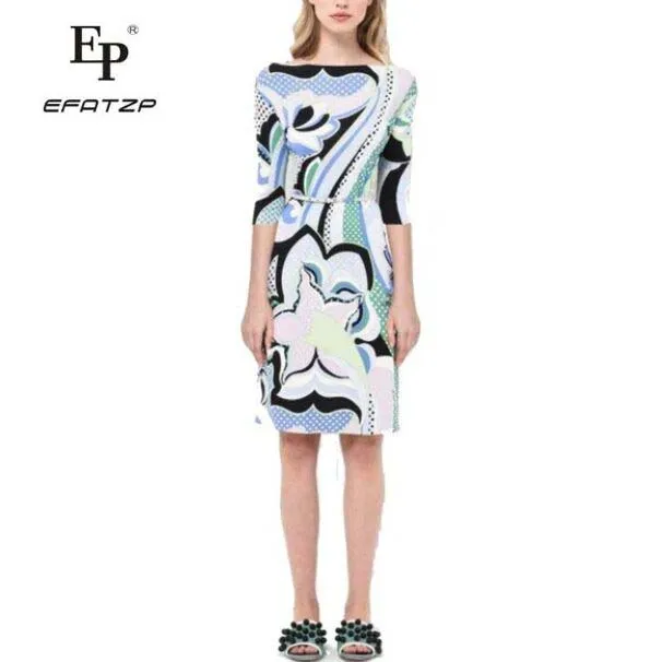 

EFATZP New Autumn Fashion Designer Dress Women's 3/4 Sleeves Multicolor Geometric Print Stretch Jersey Slim Silk Day Dress