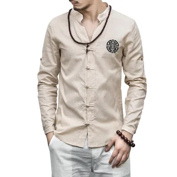 

Linen Cotton Men Shirts Long Sleeve Flax Man Clothing Linen Culture For Solid Men's Shirt Fit Embroider Asian Plus size M-5XL