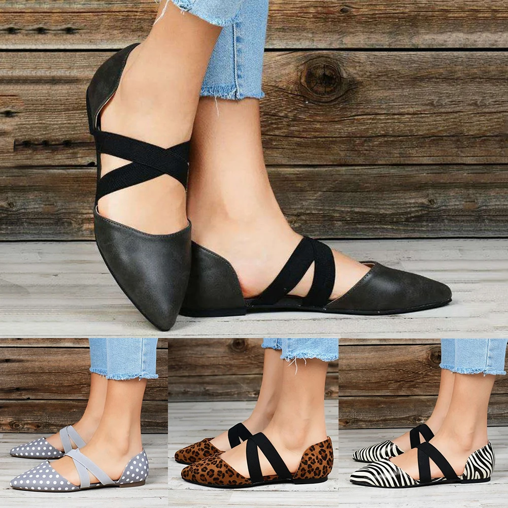 

Fashion Women's Summer Flat Single Shoes Sneakers Leopard Shallow Mouth Elastic Bandage Pointed Toe Shoes Casual PU Leather Shoe