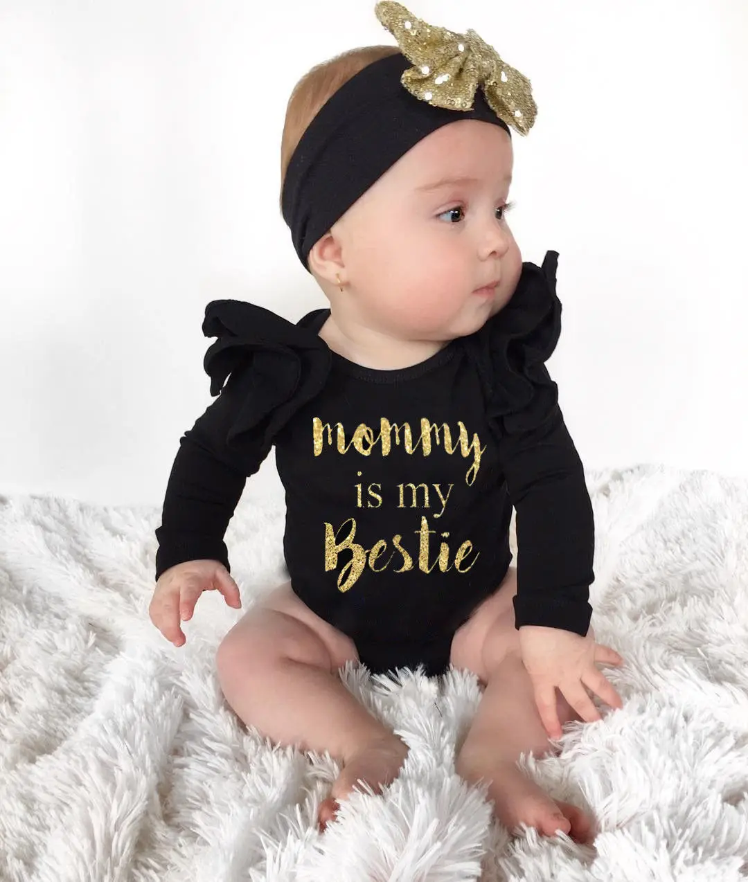 

Infant Baby Girl Long Sleeve Bodysuit O-Neck Covered Button Black Bodysuits with Headband 2PCS