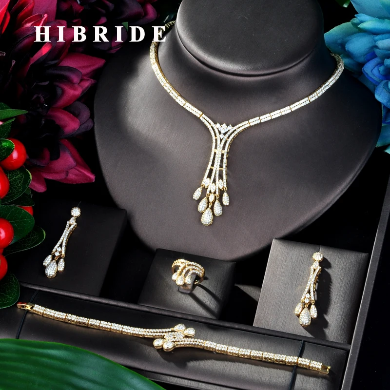 

HIBRIDE New Design Beauty 4PCS Wedding Bridal Cubic Zircon Necklace Jewelry Set Dress Jewelry Set For Party Gifts N-836